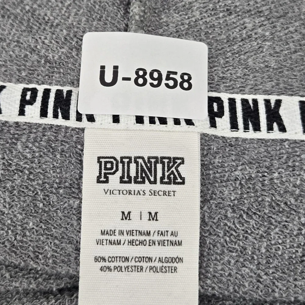 PINK‎ Victoria's Secret Women Hoodie M Gray Logo Stripe Long Sleeve